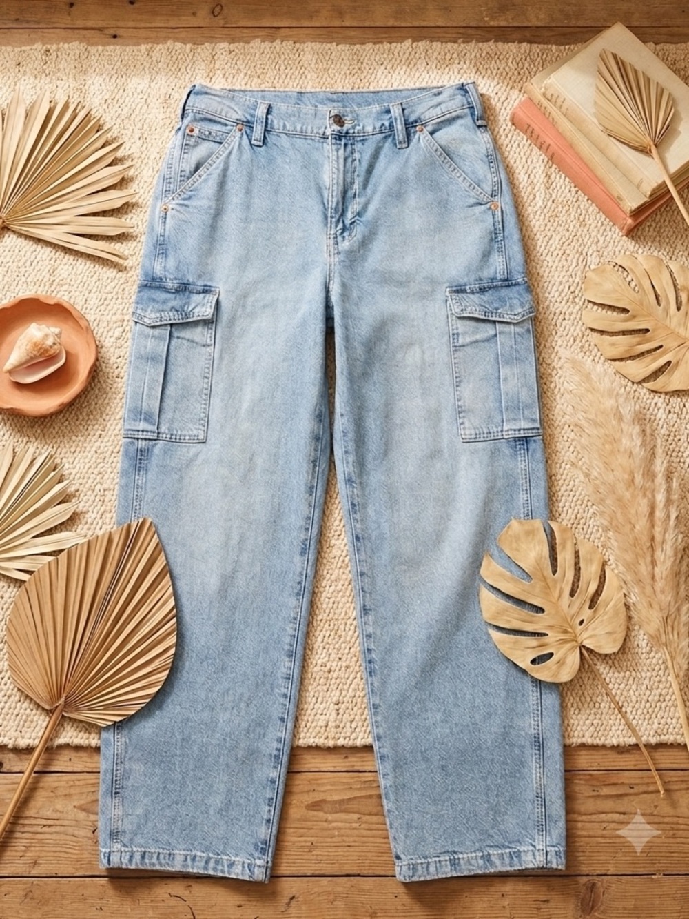 GAP '90s Womens Loose Cargo Jeans – Light Wash Mid-Rise Utility Denim – Size 29